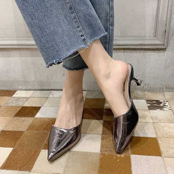 

shiny pu leather mules shoes women pointed toe high heel slippers summer fashion stiletto closed toe slippers women 2020 r3mc#, Black