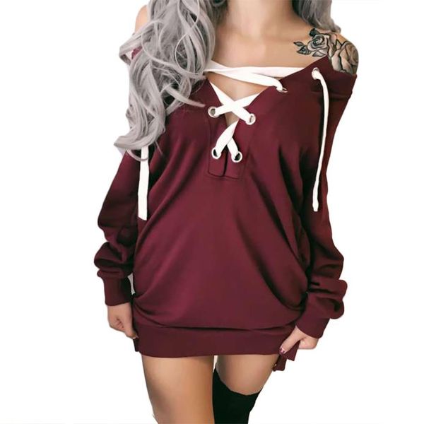

women autumn solid color long sleeve v neck front lacing midi pullover sweatshirt drop shipping good quality, Black