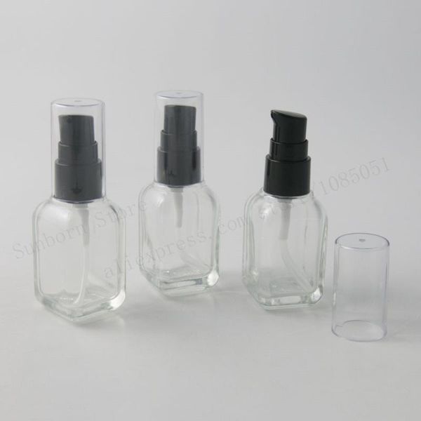 

new arrival 1oz clear/transparent square glass bottle with black pump 30ml 30cc cosmetic essential oil lotion bottle