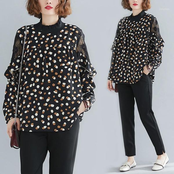 

women's blouses & shirts fashion polka dot chiffon shirt women hollow out patchwork lace sleeve ruffles long sleeved spring blusas muje, White