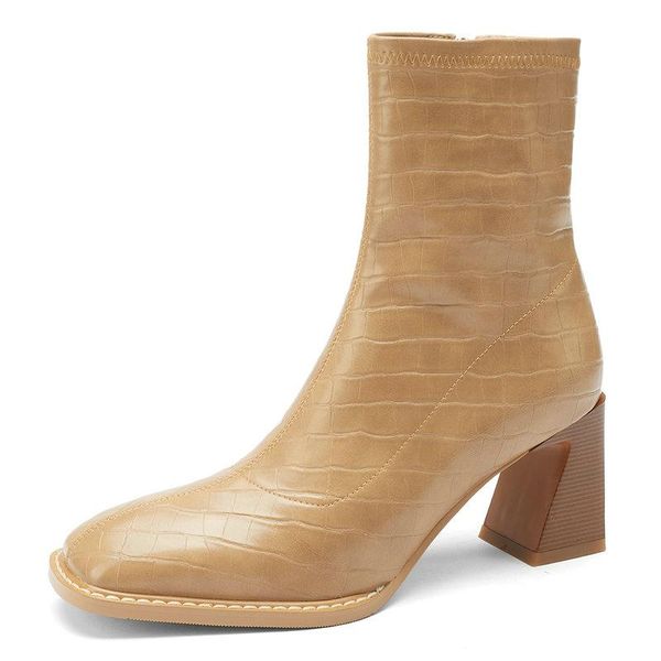 

boots side zippergenuine leather high heels female square toe winter ankle women party wedding shoes woman, Black