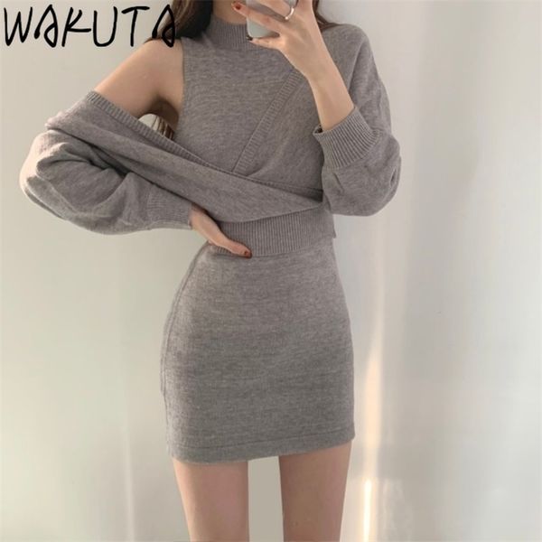 

wakuta elegant knit 2 piece set women off shoulder slim waist sweater and strap mini bodycon dress korean fashion outfits 211109, White