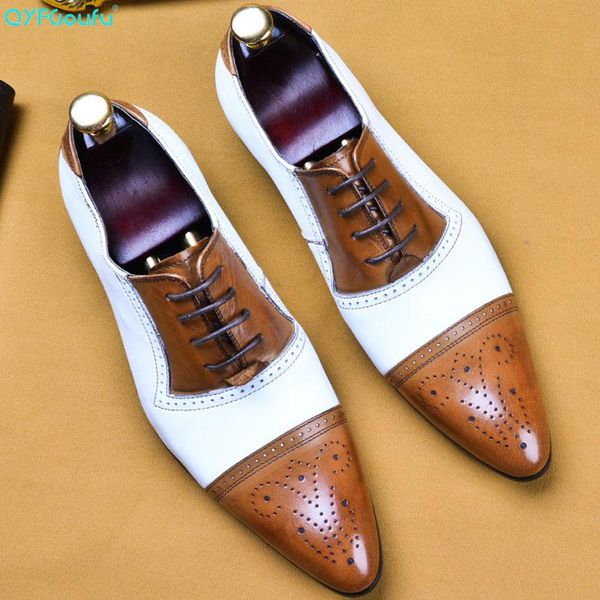 

dress shoes qyfcioufu two-color stitching men's oxford 2021 genuine leather male shoe lace-up wedding office formal brogue, Black