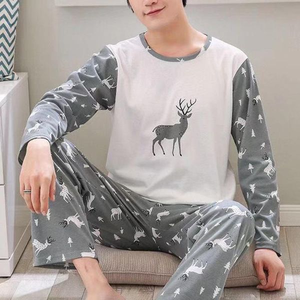 

2021 autmn new men pajamas long sleeve o neck male pajama set thin loose printed pajamas homewear men soft casual suit sleepwear, Black;brown