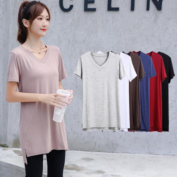 

women's t-shirt modal short-sleeved for women'solid color mid-length loose large size basic shirts, White