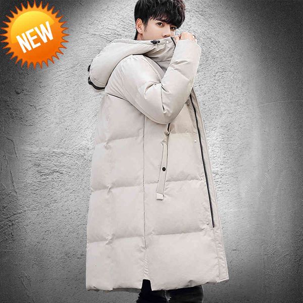 

2021 winter men down jacket thick warm hooded white duck anorak solid parka long overoat male outdoor windproof jackets, Black