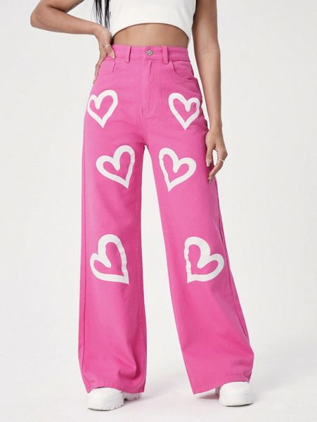 

high waist heart print wide leg jeans n64m#, Blue