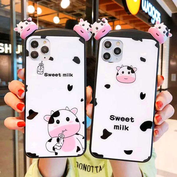 

3d doll toy case for huawei p40 case p20 p30 mate 20 mate 30pro nova 4 5 6 cute cartoon cow silicone tempered glass phone cover