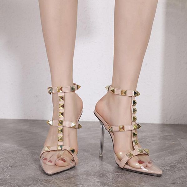 

sandals gladiator women plus size 41 pointed transparent rivet stiletto buckle crystal high heels wedding rome shoes, Black