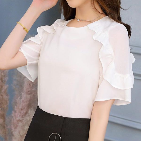 

women's blouses & shirts women chiffon summer o-neck ruffled pleated sleeve strap solid casual ladies shirt blusas c905, White