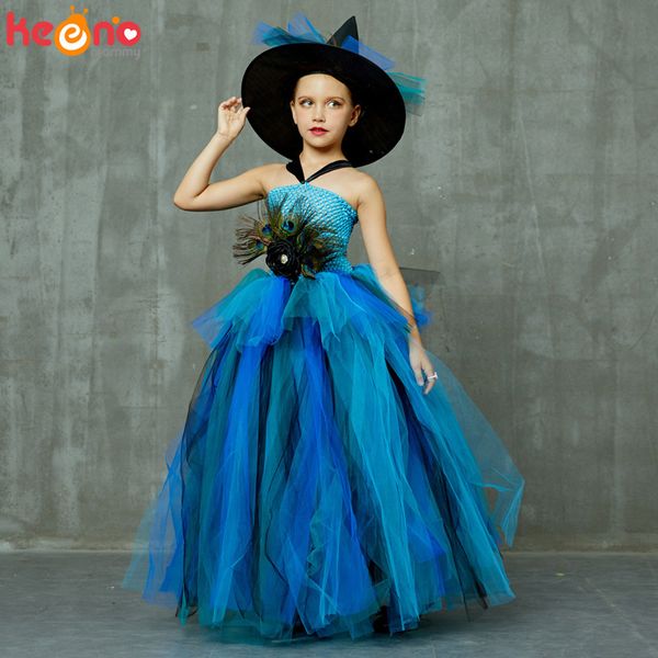 Elegante traje de pena de pavão meninas macias camadas de pavão tutu vestido com chapéu de bruxa crianças concurso de festa de festa vestidos vestidos 210317