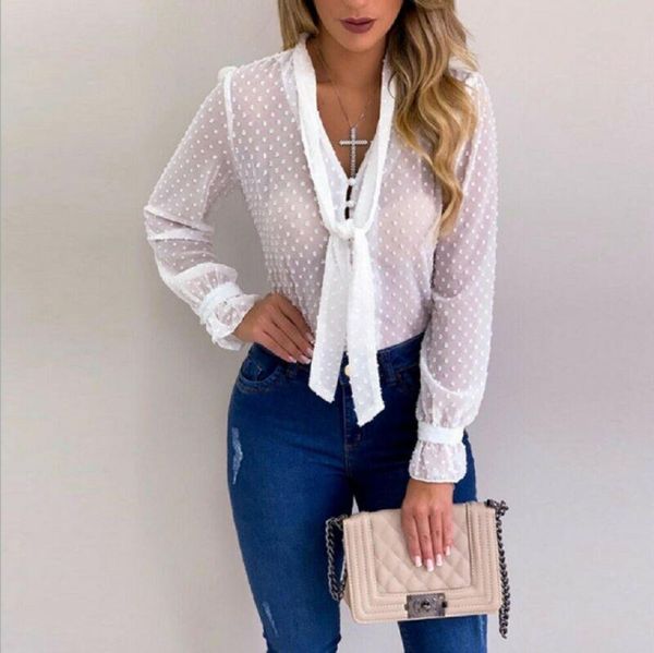 

women's blouses & shirts formal women ladies mesh sheer v neck long sleeve shirt office work vintage blouse casual tie, White