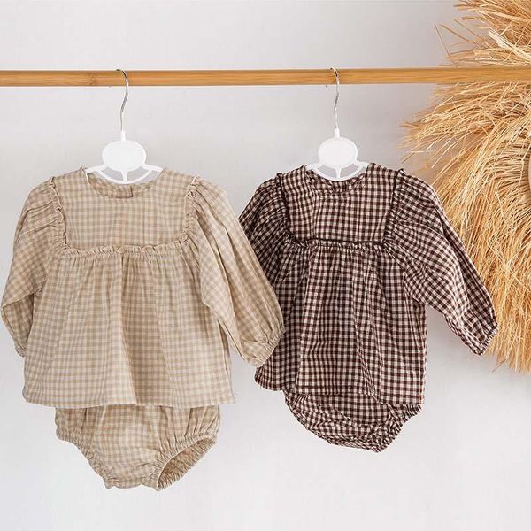 

clothing sets 2021 baby girls clothes little plaid infant set puff sleeve blouse and bloomer 2 pcs toddler suit, White