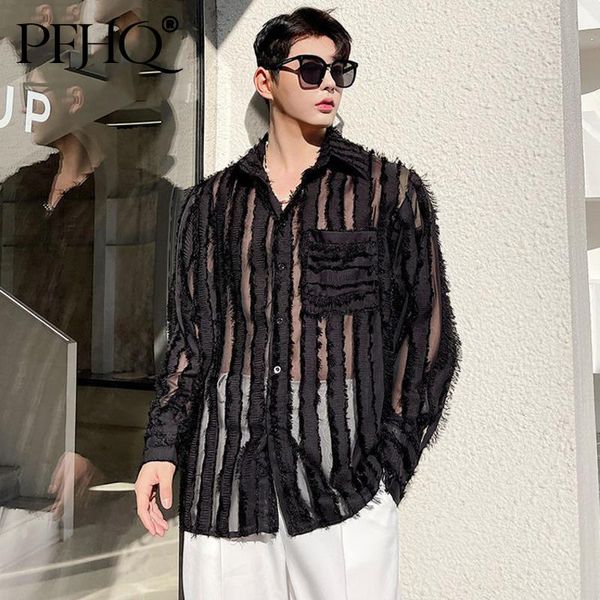 

men's casual shirts pfhq 2021 sunscreen clothing autumn holiday style personality see through tassel long sleeve shirt for men lapel to, White;black