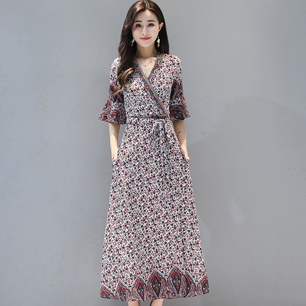 

2021 bohemian new slim flare sleeve v-neck floral print chiffon women casual beach female sashes long es elegant uimu, Black;gray