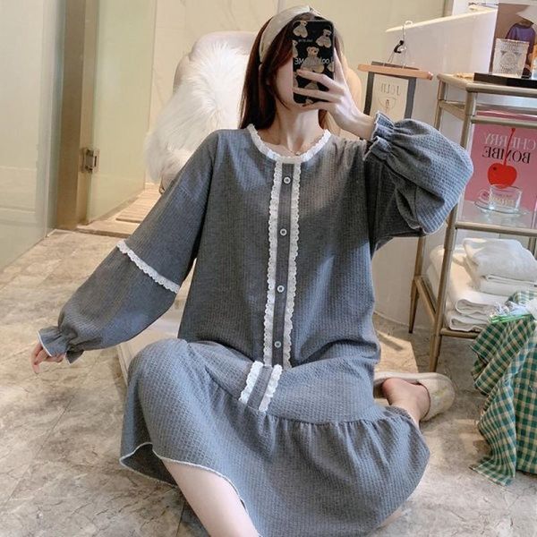 

women's sleepwear spring and summer korean nightdress female sweet princess style long sleeve thin simple home service skirt, Black;red