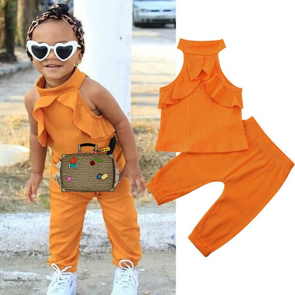 

lovely toddler kid baby girl clothes sets ruffles solid sleeveless +long pants outfits 2pcs set, Black;green