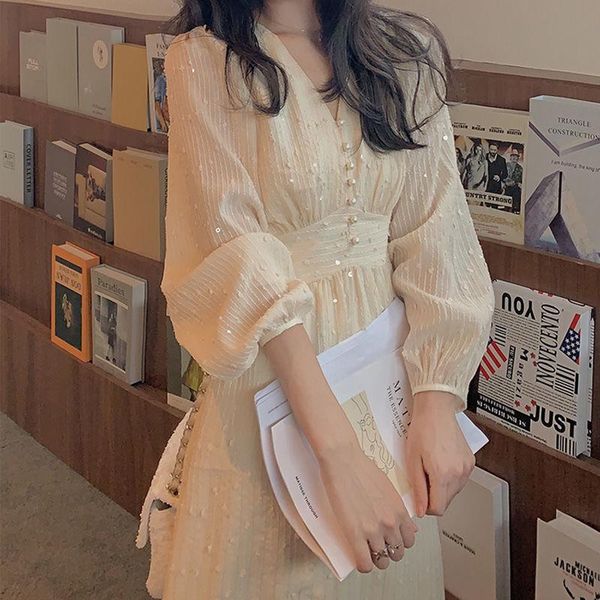 

casual dresses elegant vintage dress women sequin long sleeve designer party midi slim korean women's clothing autumn, Black;gray