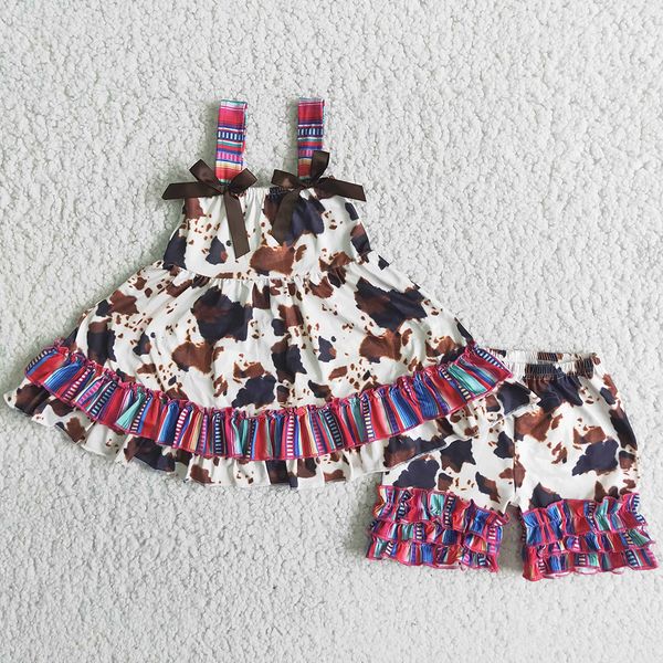 

wholesale children kids boutique clothing sets summer sleeveless baby girls clothes cows design toddler outfits milk silk ruffle shorts kid, White