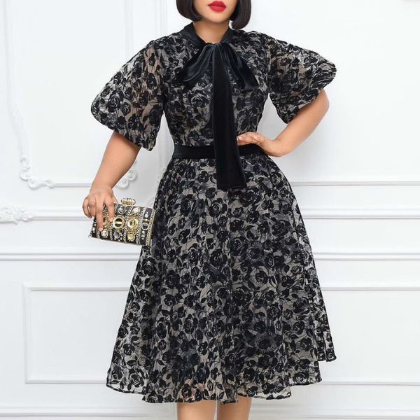 

2021 new women printed short lantern sleeve hight waist a line es with bowtie elegant office ladeis lovely african large size female 5rfw, Black;gray