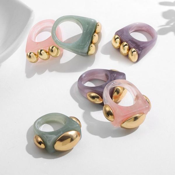 

cluster rings punk gold beads transparent resin acrylic geometric square thick set for women girls stacking finger ring female jewelry, Golden;silver