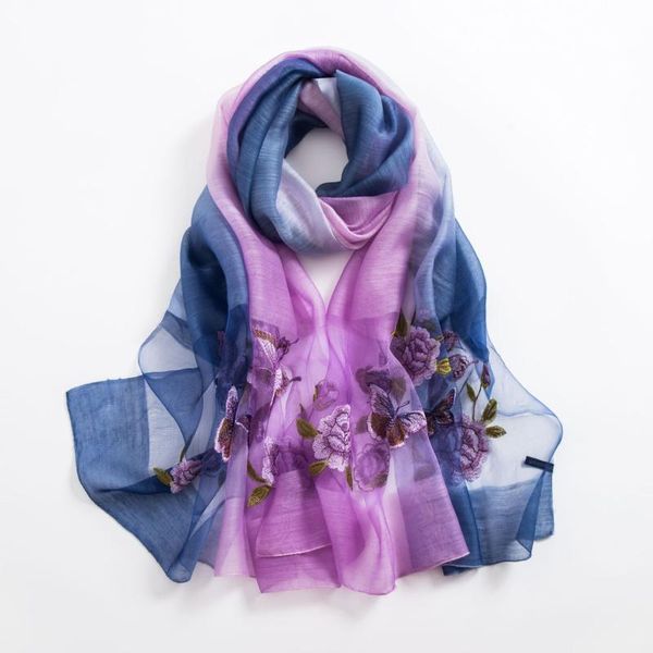 

scarves women mulberry silk shawl brand real wool gradient scarf luxury 30% 70% thin embroidered shawls, Blue;gray