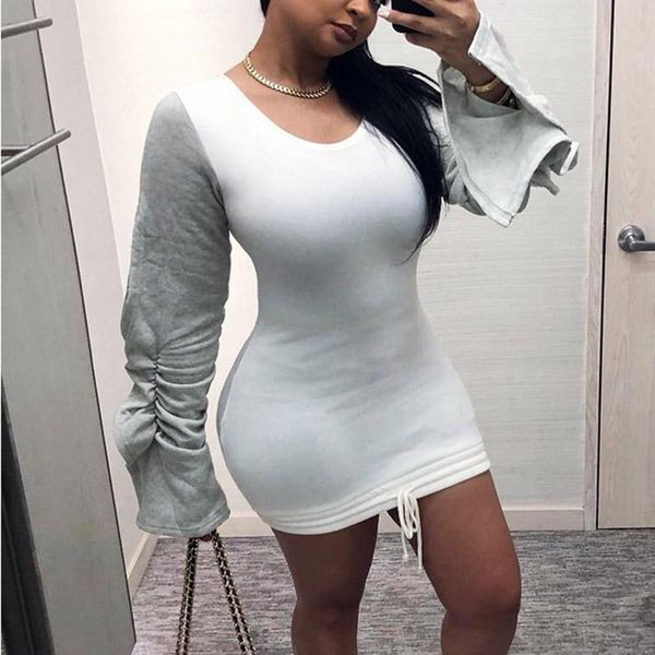 

casual dresses women long sleeves patchwork drawstring club mini bodycon fashion party dress female a66, Black;gray