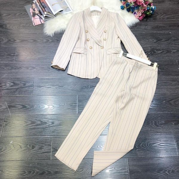 

women's two piece pants 2021 autumn winter women double breasted striped blazer suits runway gold buttons jacket + brand ol outfits, White