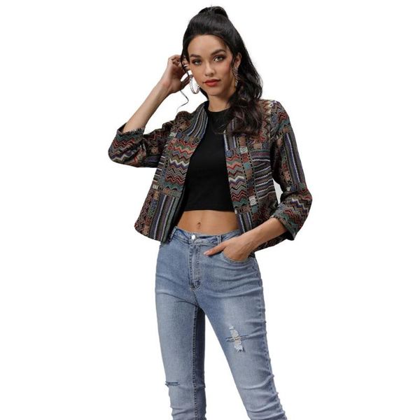 

women's jackets echoine female jacket autumn winter retro print women coats short paragraph long sleeve collarless windbreaker vintage, Black;brown