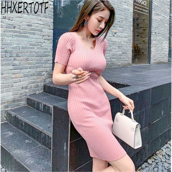 Sommer Frauen Kurzarm V-Ausschnitt Elegante Elastizität Strickkleider Büro Bodycon Bleistiftscheide Kleid Vestidos 210531