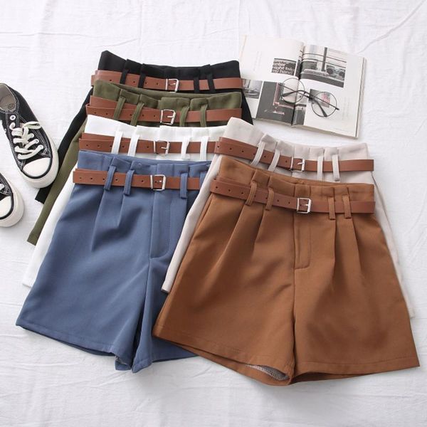 

women's shorts korean brief design white suit for women 2021 fashion solid high waist wide leg with belt 6 colors, White;black
