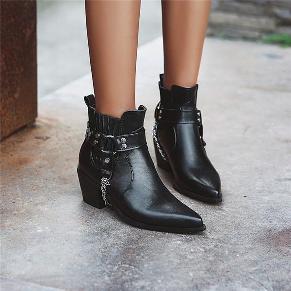 

boots ymechic 2021 plus size autumn block high heel western cowboy boot retro chain buckle black brown pointed toe womens ankle