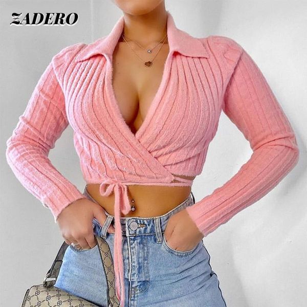 

women's knits & tees crop caidigan women 2021 v neck long sleeve waist lace up fashion ladies knit vintage autumn winter casual swe, White