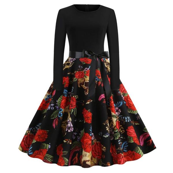 

casual dresses women vintage dress long sleeve halloween 1950s housewife evening party prom bow costumes plus size clothing, Black;gray