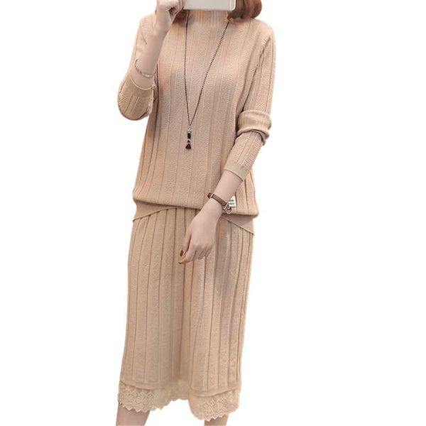 

two piece dress 2021 spring turtleneck sweater women skirt set fashion lace side knit pullover d3337, White