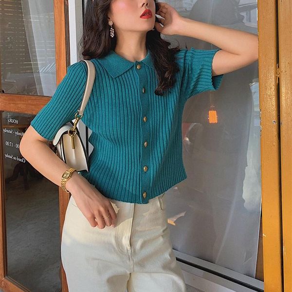 

women's t-shirt 2021 summer women short sleeve collared button up crop buttons, White