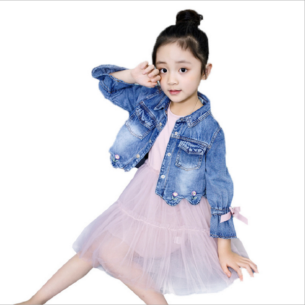

spring childrens clothing sets new girls denim jacket gauze dress 2pcs clothes for children girls sets kids princess dress, White