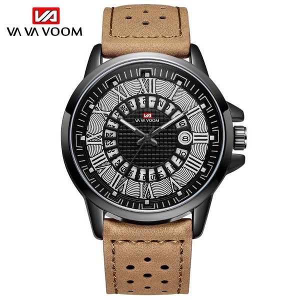 

wristwatches vava voom roman numerals sports quartz men watches 30m waterproof date watch mens leather band relogio masculino, Slivery;brown