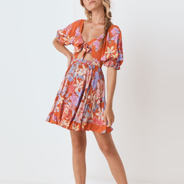 

women summer half sleeve mini dress vintage print floral female hollow out boho dress casual holiday beach dress, Black;gray