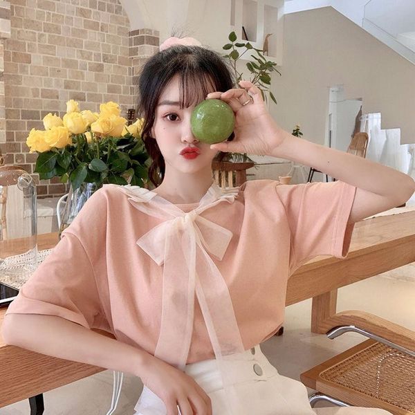 

women's t-shirt 2021 fashion short sleeve korean loose student mesh stitching bowknot ins versatile summer, White