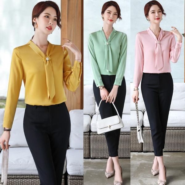 

women's blouses & shirts fashion ladies yellow blouse women 2 piece pant and sets long sleeve work clothes office uniform styles, White