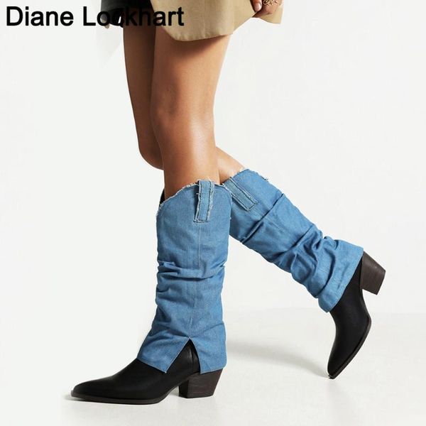 

boots fashion denim pu leather women pointed toe western cowboy boot woman pleated knee-high chunky wedges bottes femelle, Black