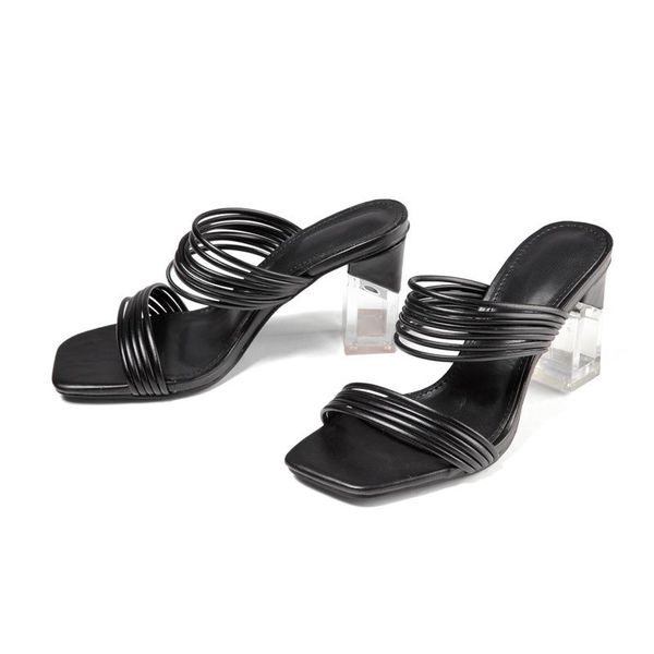 

slippers ladies roman shoes women square toe summer muller sandals transparent crystal high heel, Black