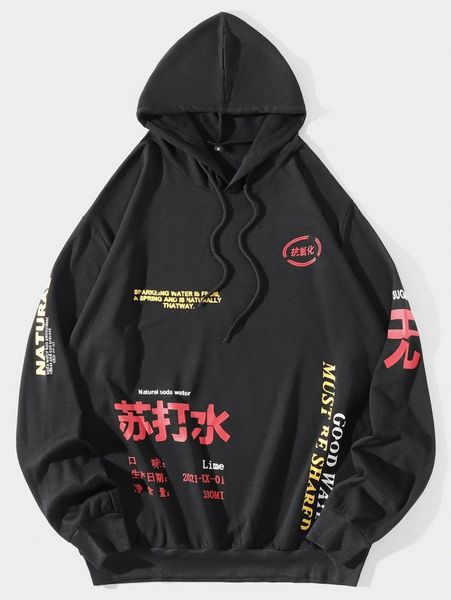 

men chinese letter graphic drawstring hoodie z4al#, Black