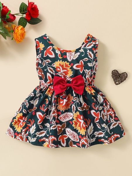 

baby allover plants print bow dress she, Red;yellow