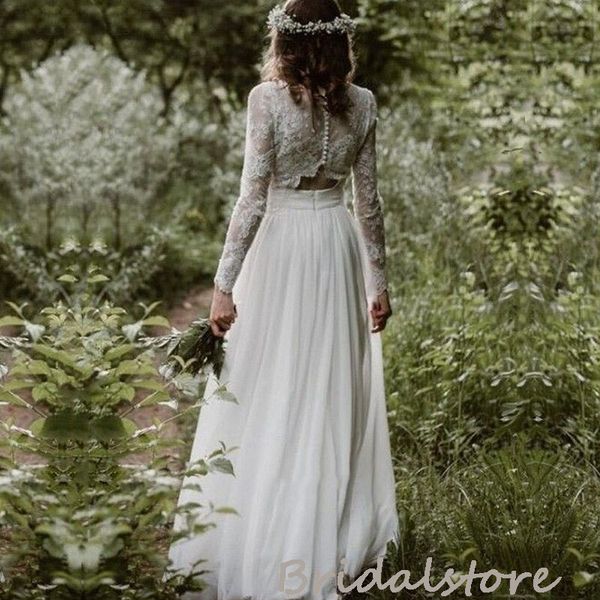

rustic two piece boho wedding dress 2022 lace long sleeve separates beach wedding dresses flowy chiffon country bridal gowns robes de mariag, White