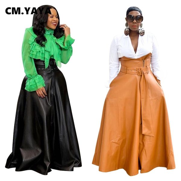 

cm.yaya women high waist faux leather long skirts night club street vintage sashes a-line maxi pu skirts party bandage skirt 210315, Black
