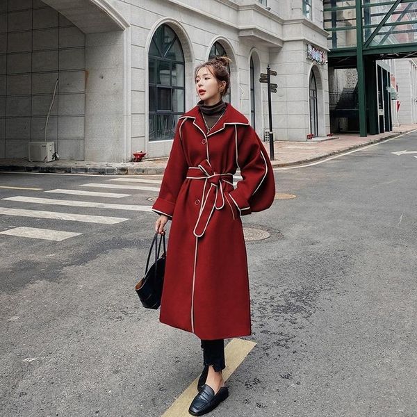 

women's wool & blends [ewq] 2021 autumn winter wear contrast color wrapped cape coat lace up waist woolen jacket female 16r371, Black