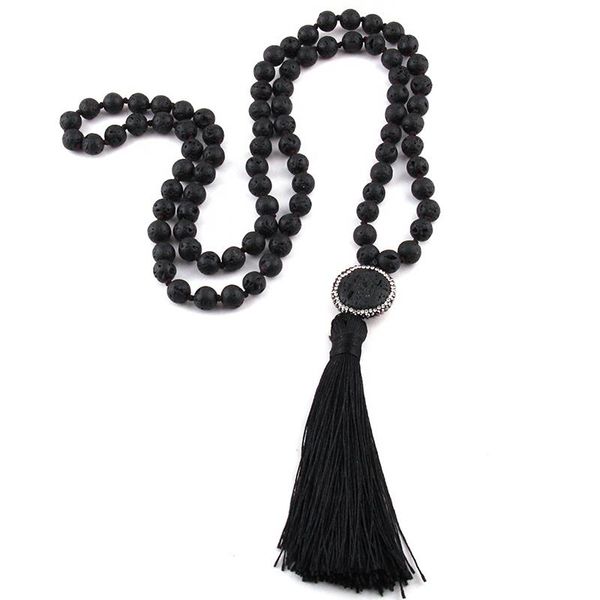 

pendant necklaces bohemian tribal jewelry fashion black lava /white stones knotted long tassel necklace, Silver