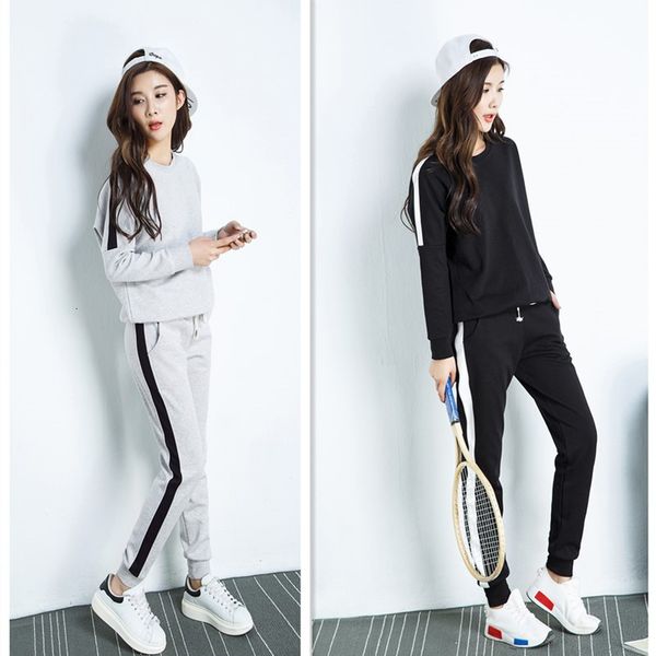 

new autumn and winter side fashion korean casual long-sleeved women around the occasional pullover's neck skin two-piece 7ou3, Gray